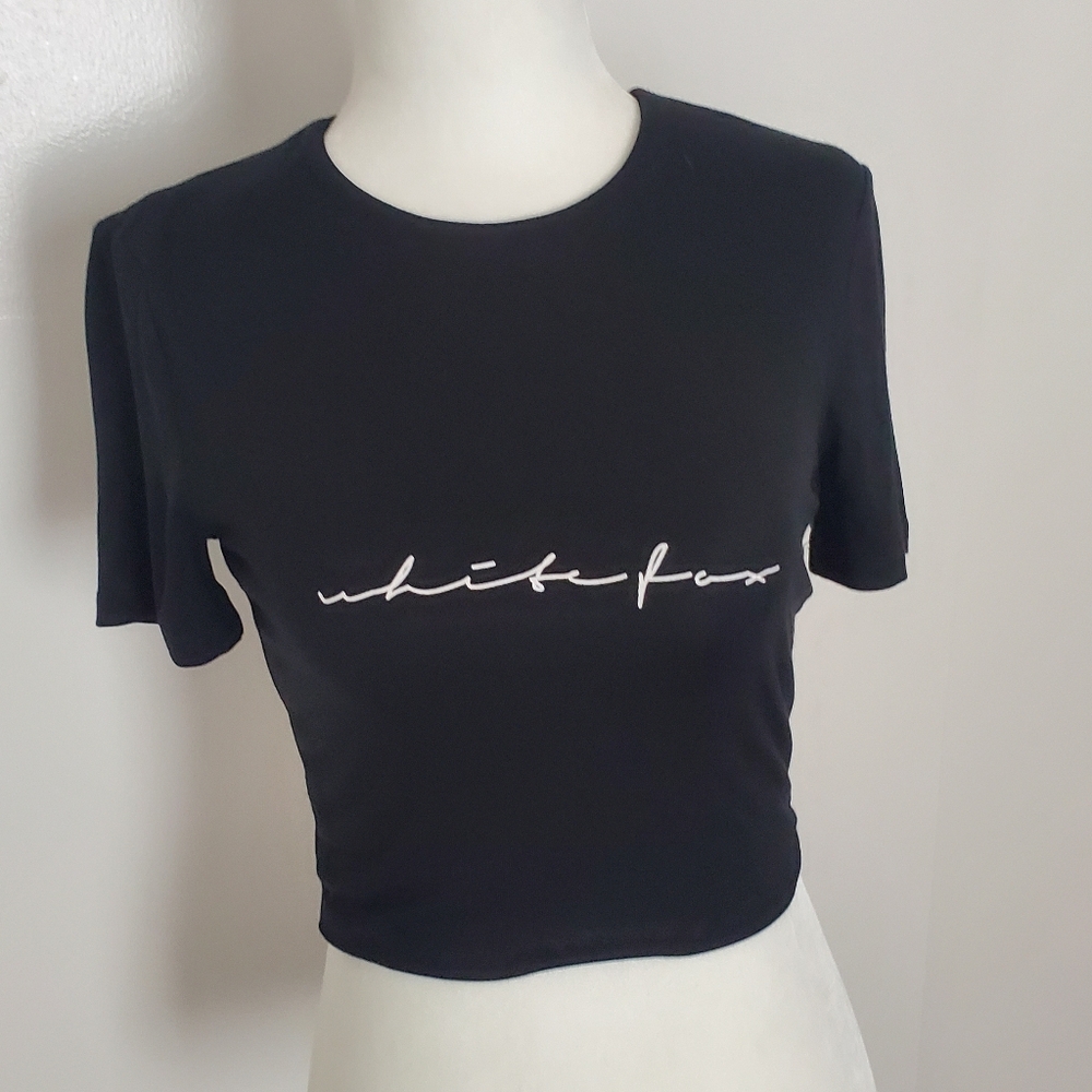 White Fox Baby Tee Crop Top Women's Size S Black